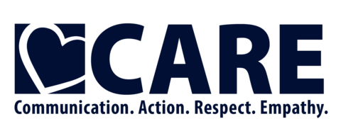 Letters CARE in uppercase in UIS blue with reverse heart icon in square box to left. Underneath are the words: Communication, Action, Respect, Empathy