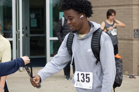 a racer receiving a medal