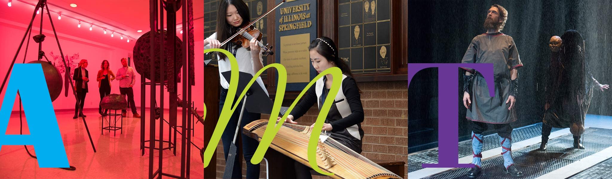 an art exhibit, a girl playing a violin, and a theatre production