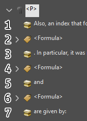 The tag structure of the previous paragraph, showing that it is all contained in order in a single paragraph tag.