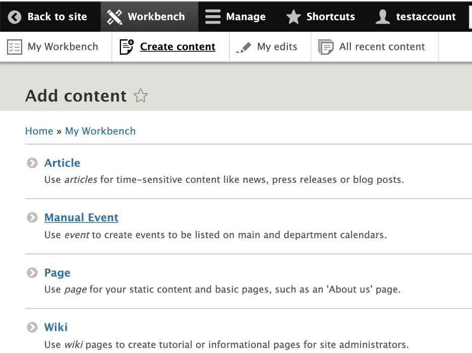 screenshot of the list of what types of content you can create in the Add Content page