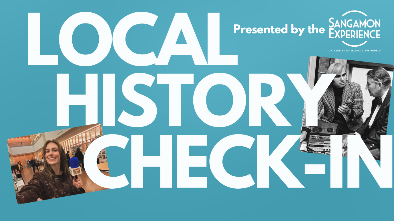 Local History Check-In event banner with a small photgraph of Evie a graduate student and a historic image of Cullom Davis interviewing a person