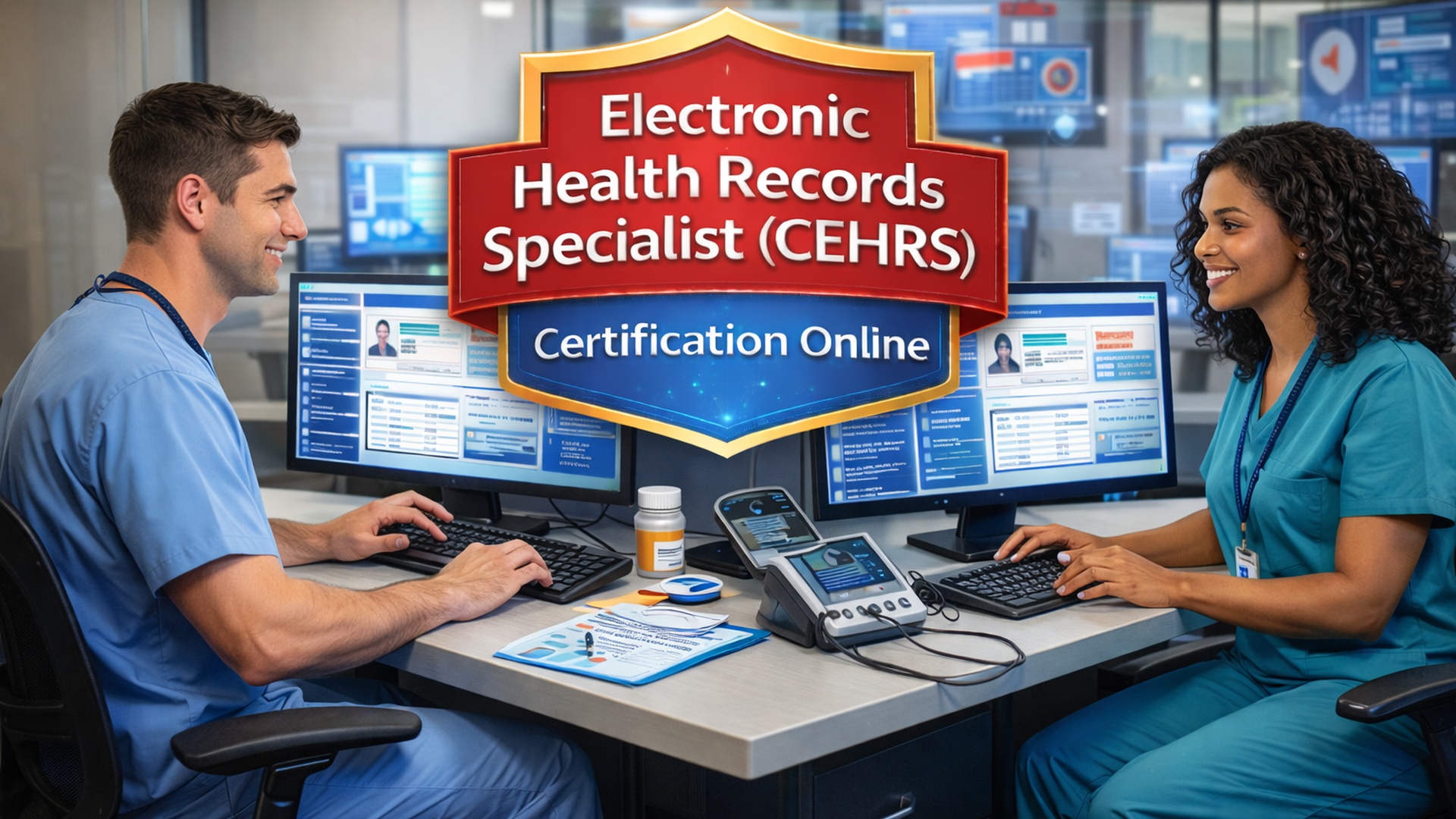 Two medical professionals at workstations in a hospital setting.