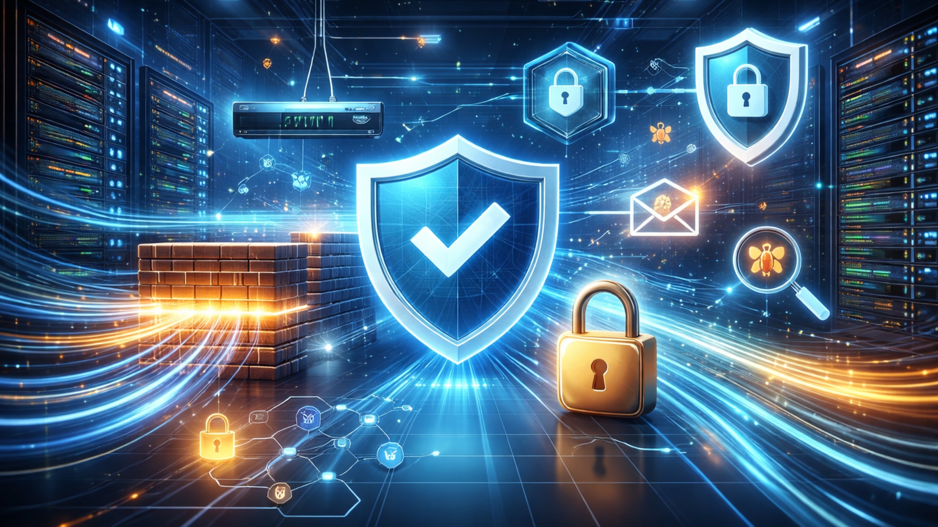 Cybersecurity graphics with shields, locks, and glowing tech symbols.