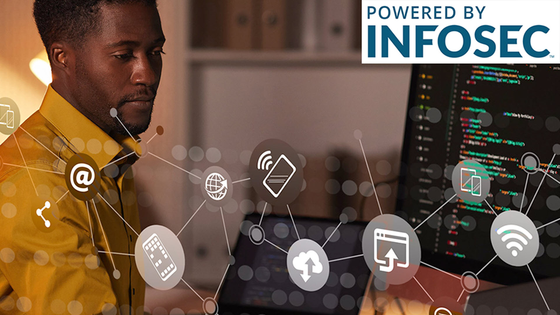 Man working on a computer surrounded by security icons, with "Powered by Infosec" logo.