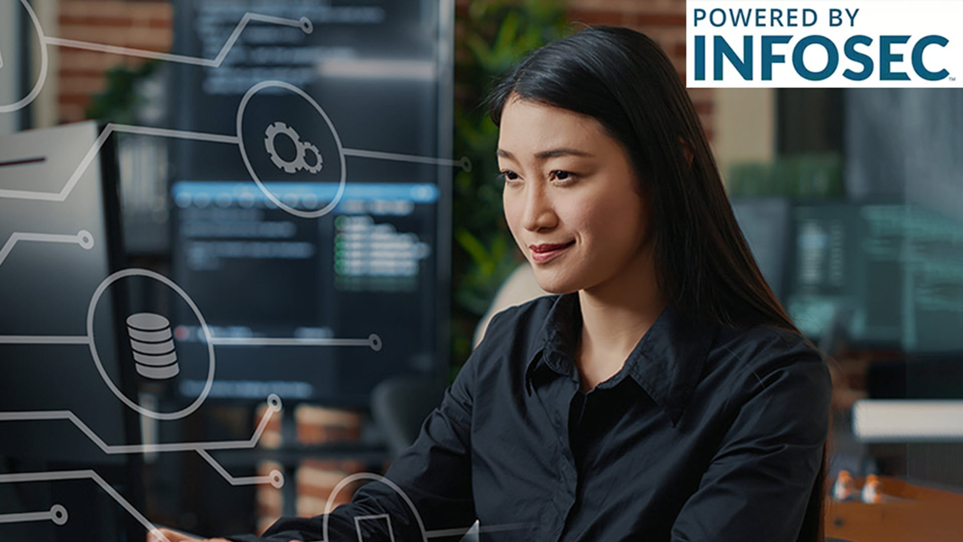 Woman in a dark room with digital graphics and "Powered by Infosec" logo.