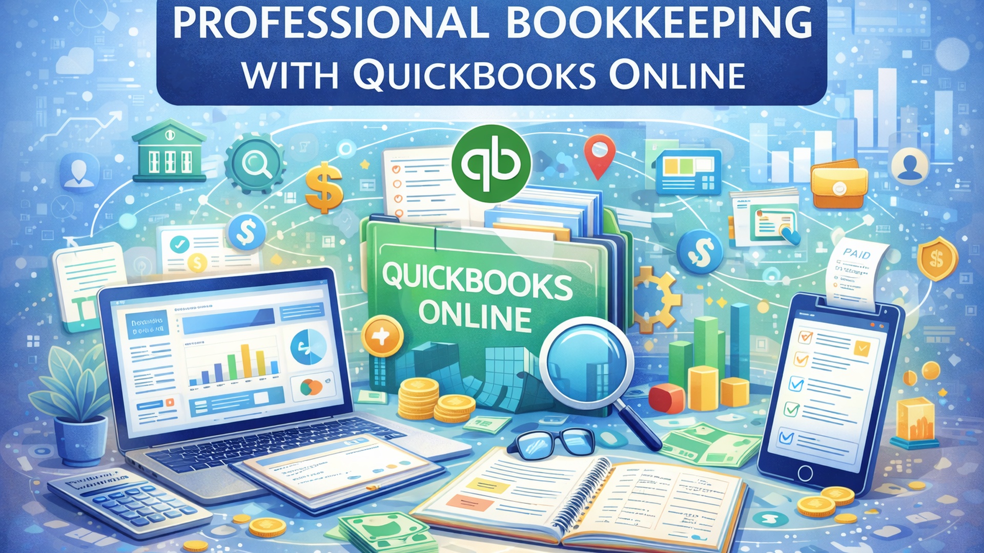 Digital illustration of bookkeeping tools, featuring laptops and tablets with financial icons.