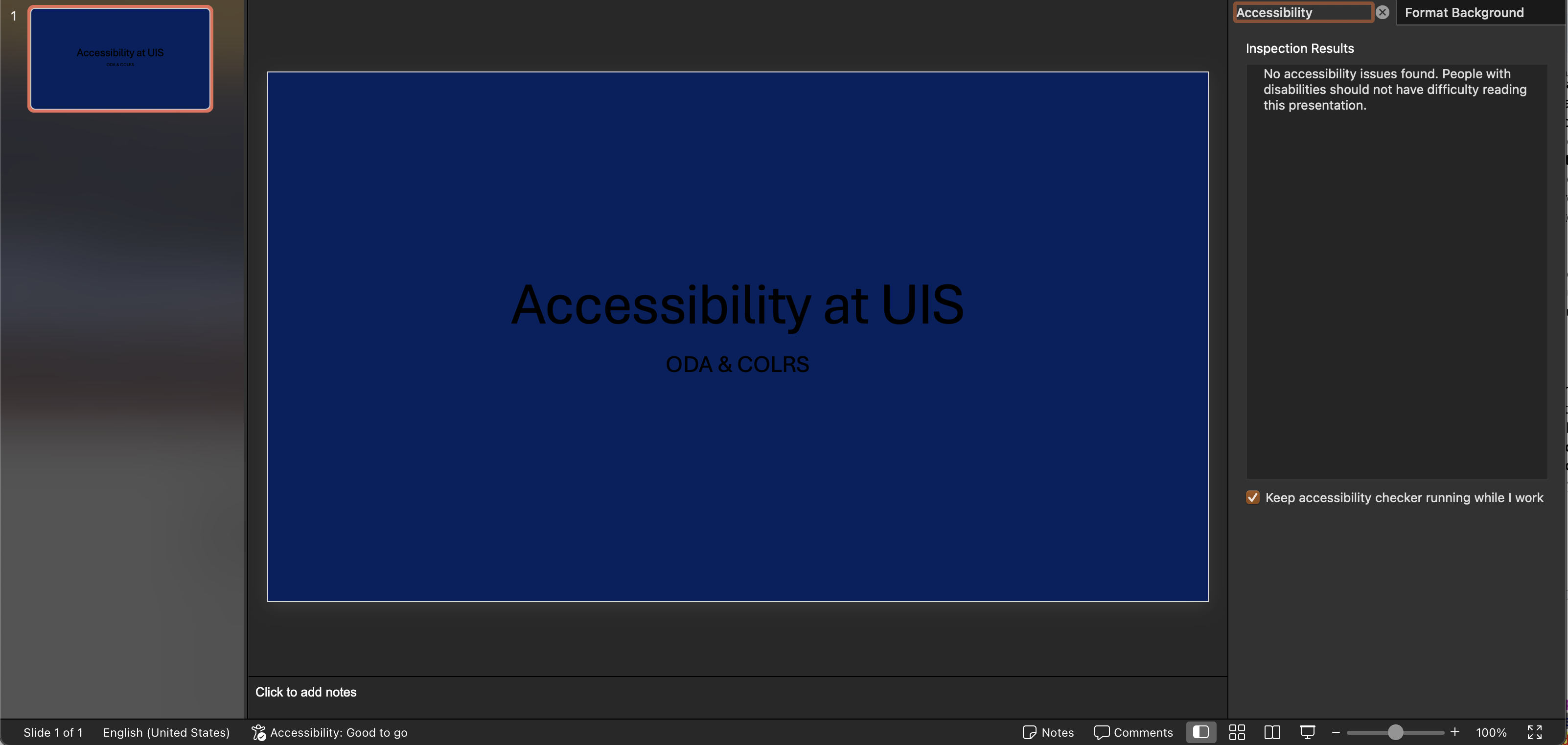 A PowerPoint slide with poor color contrast. The accessibility checker has detected no issues.