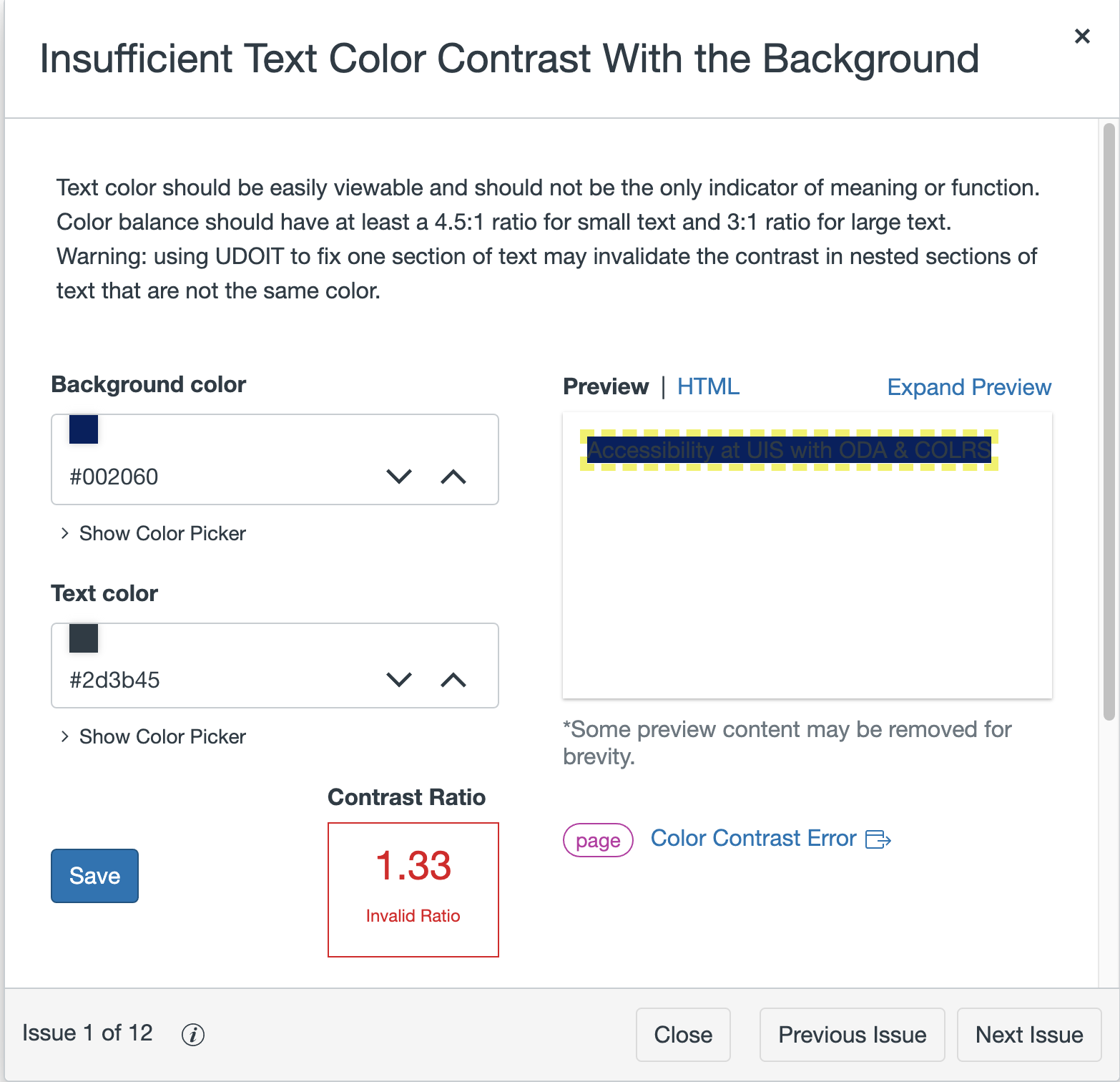 UDOIT interface for remediating insufficient color contrast in Canvas before the error has been addressed