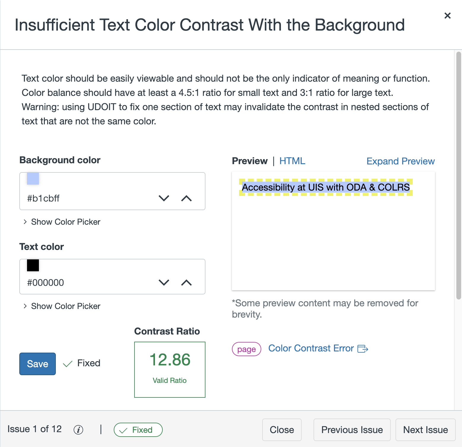 UDOIT interface for remediating insufficient color contrast in Canvas after the error has been addressed