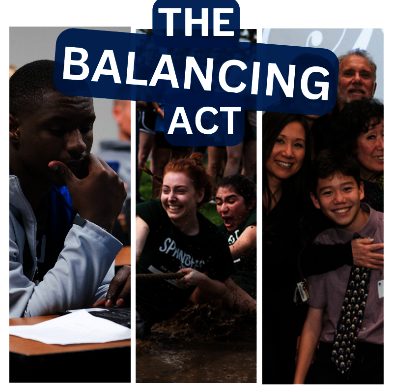 a triptych of images of students with the words "The Balancing Act"