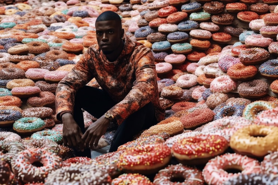 guy sitting in a pile of donuts