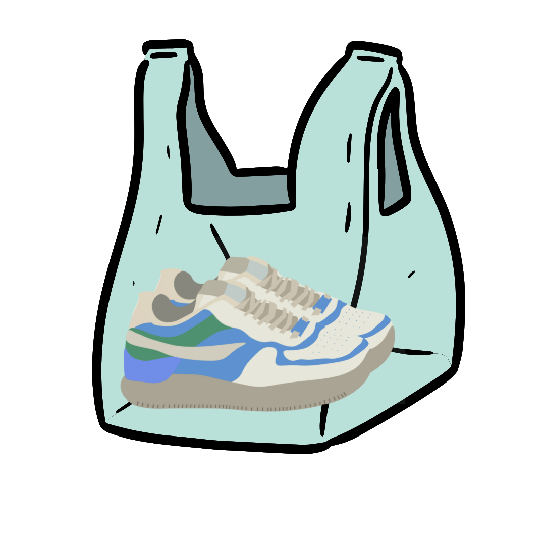 Sneakers in a plastic grocery bag.