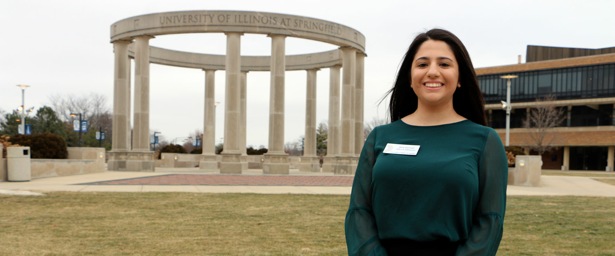 Rosie Dawoud in front of the Colonnade