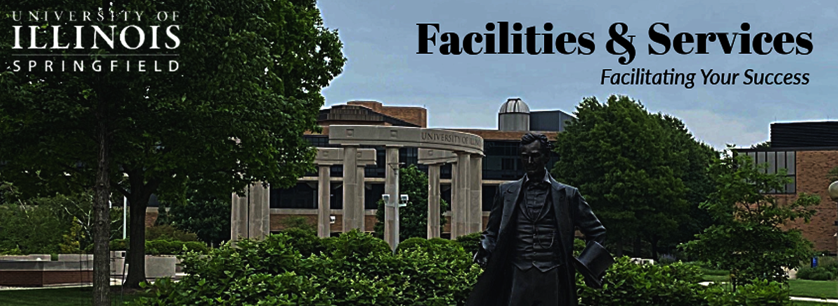 Facilities and Services July Newsletter Header of Abe Lincoln Statue on Campus