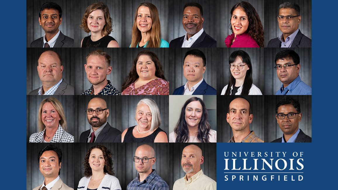 Photos of 22 new faculty members and the words "University of Illinois Springfield"