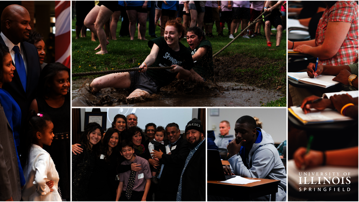 5 different pictures in a collage. Picture 1: a man studying. Picture 2: Two girls having fun playing tug-o-war. Picture 3 and 4: A family photo. Picture 5: students writing.