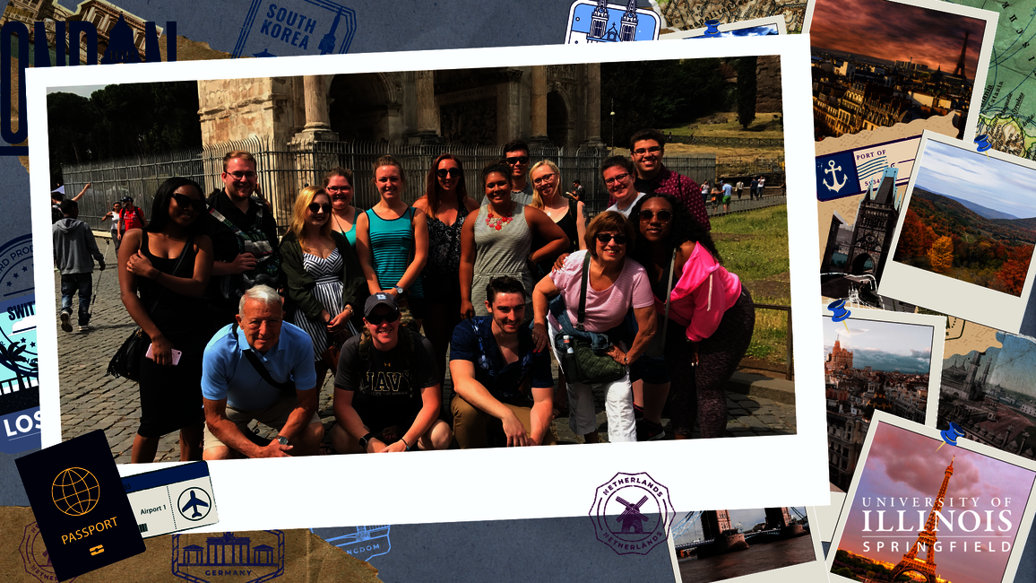 A scrapbook page of a group of students posing for a picture in a foreign country.