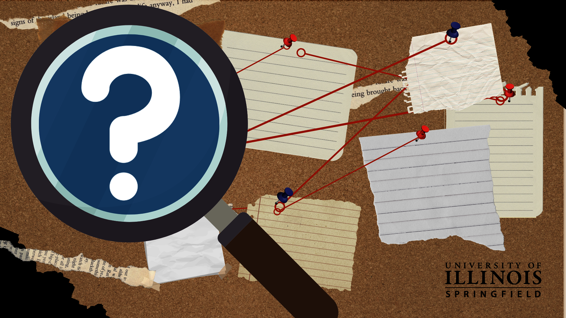 A graphic of a magnifying glass is a question mark inside. The background is a corkboard with red lines and notes.