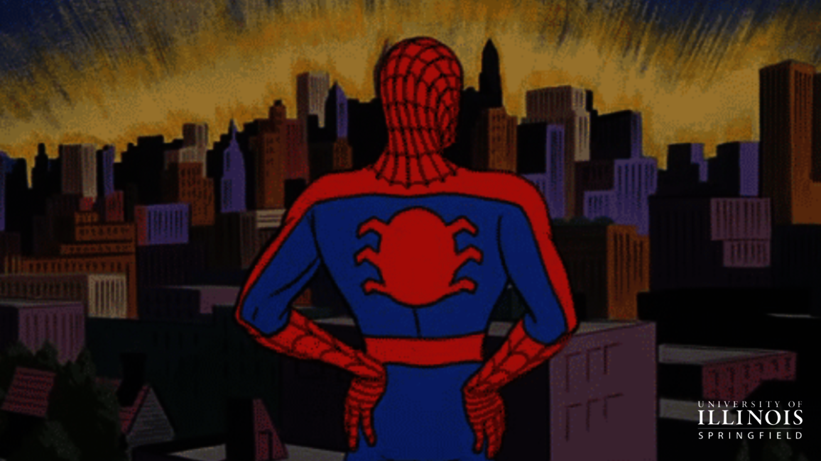 A cartoon of Spiderman looking out onto the city.