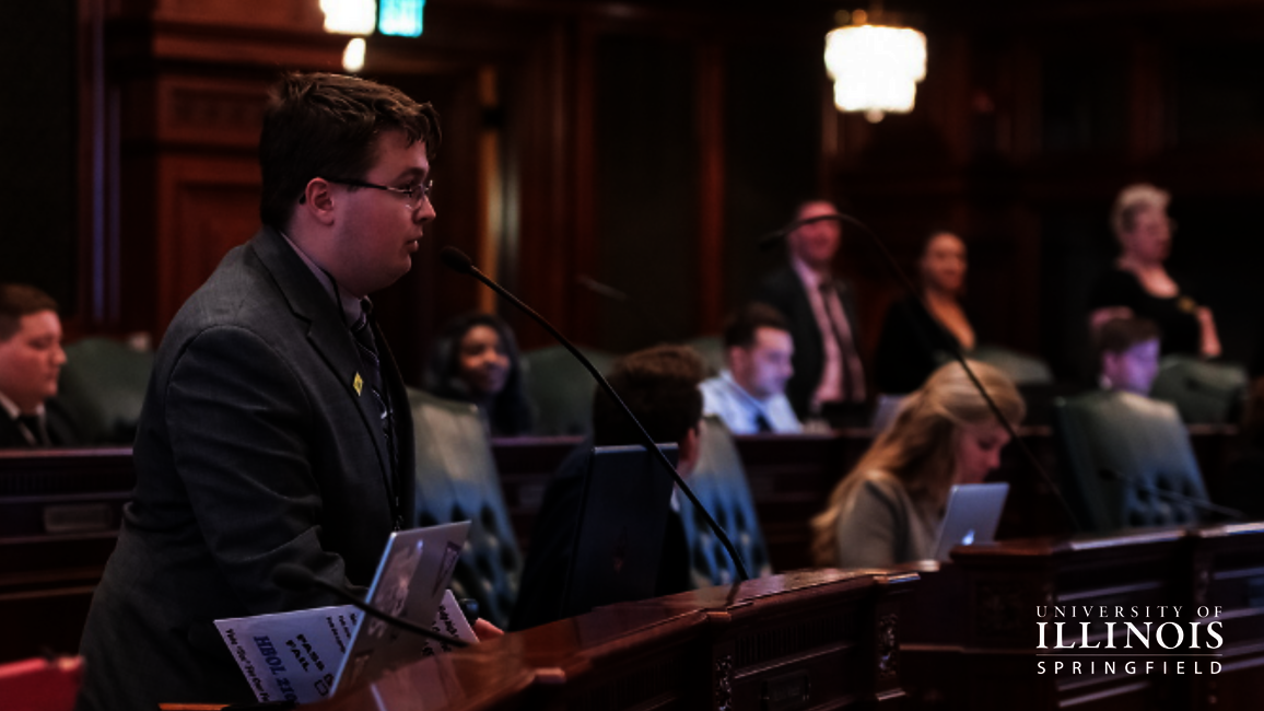 A student public speaking.