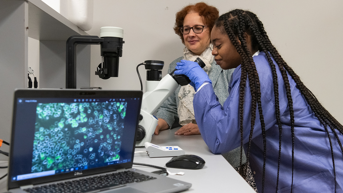 Student and professor examining cell samples under a microscope with data displayed on a nearby laptop.