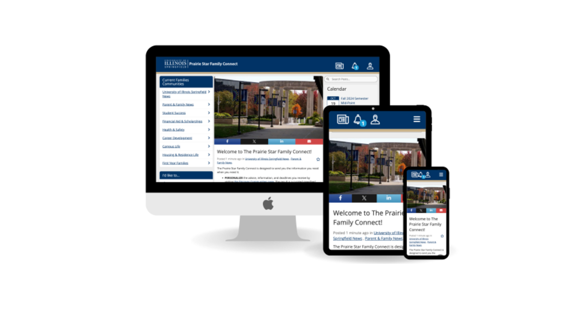 Responsive design of the Prairie Star Family Connect portal shown on desktop, tablet, and mobile screens.