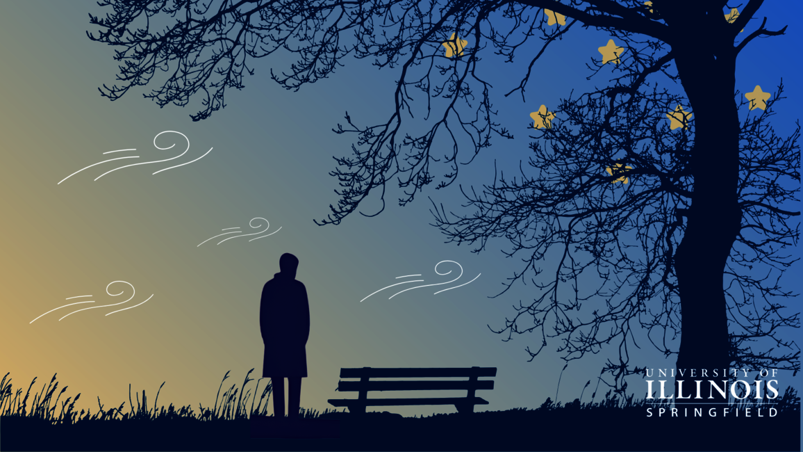 A graphic of a man looking sad at night.