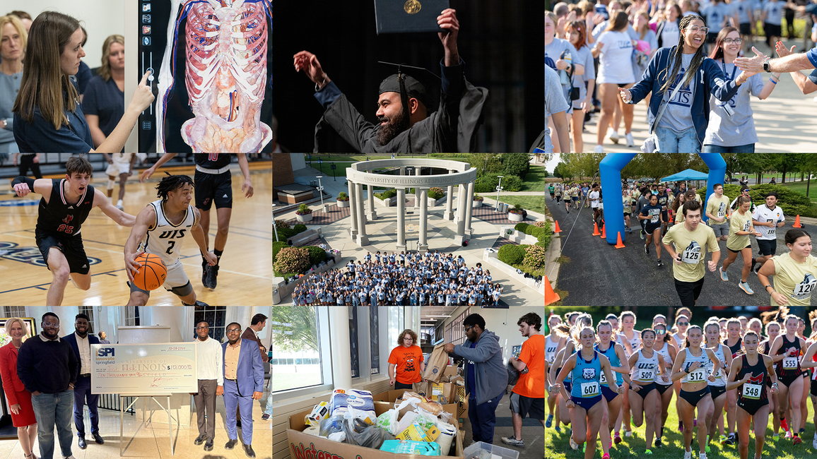 A collage of University of Illinois Springfield students at events, sports, graduation, and community activities.