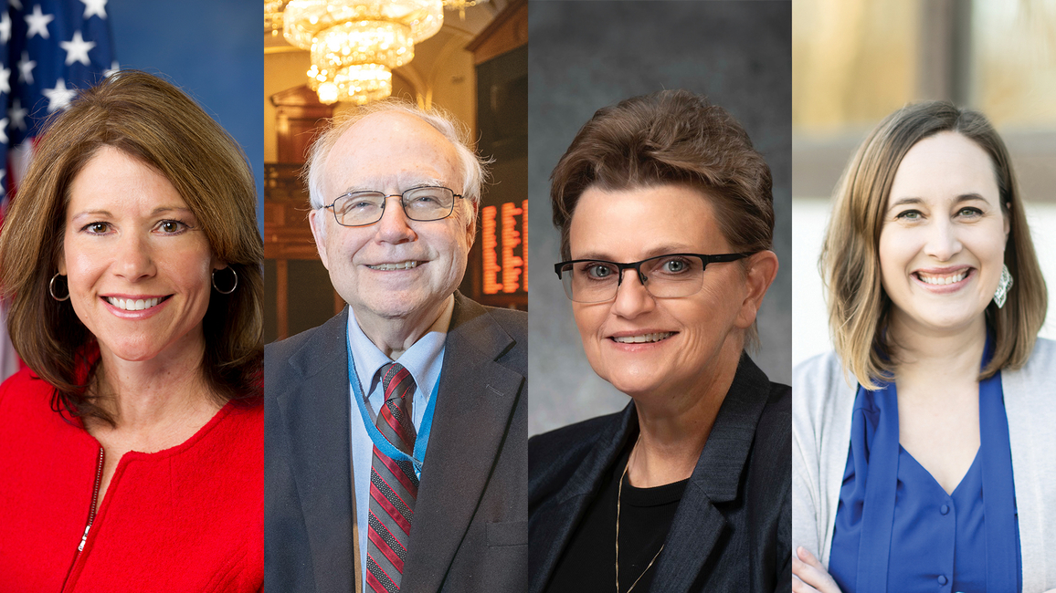 A horizontal collage of four headshots, featuring recipients of alumni awards