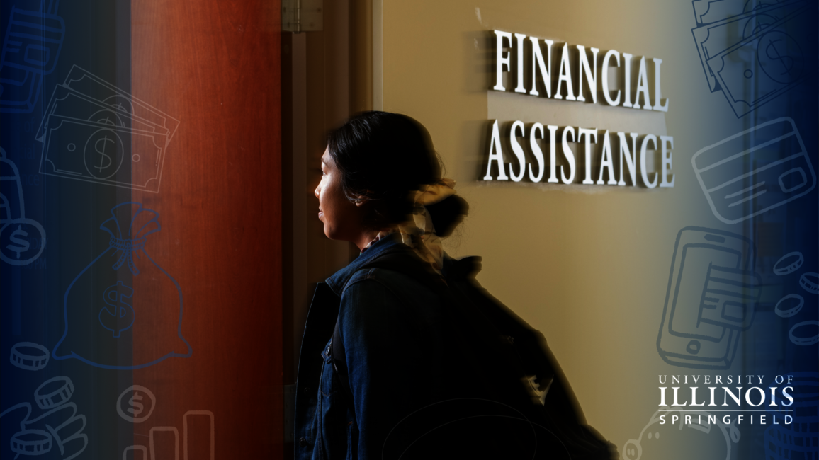 A student walking into the Financial Aid Office.