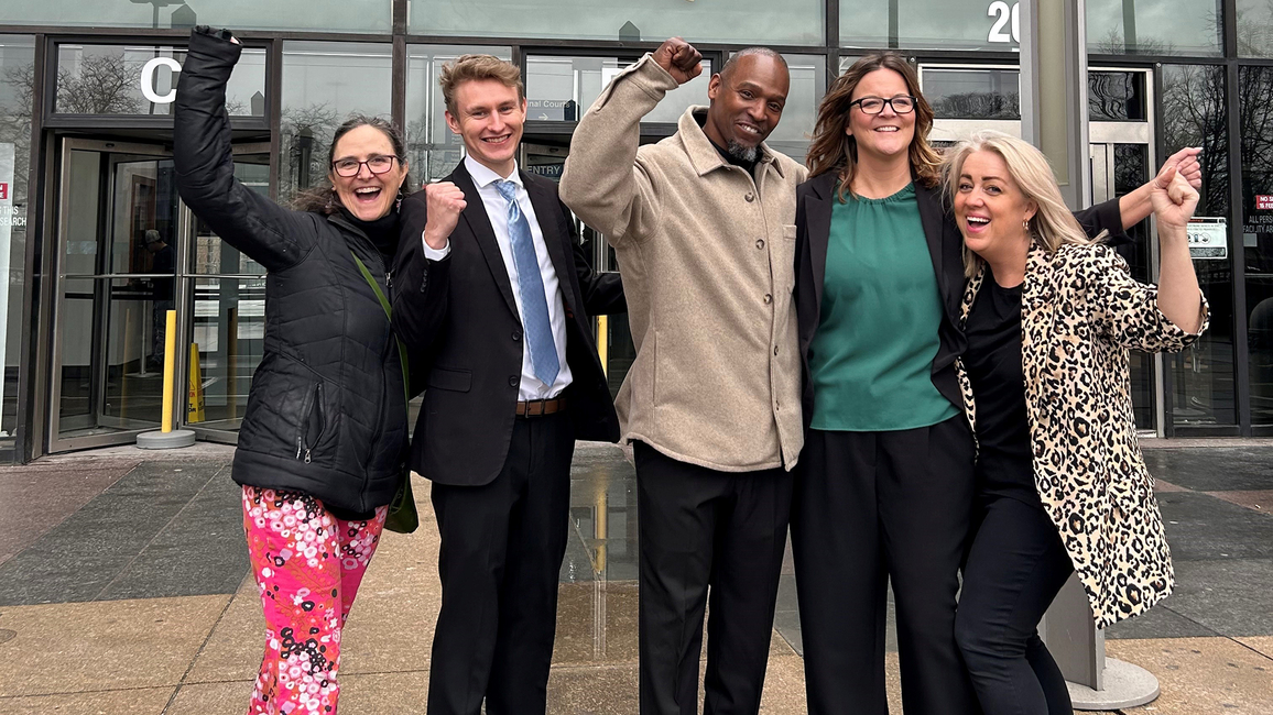 Lynn Bagley, Brandon Klages, Jerry Herrington, Leanne Beyer, and Lauren Kaeseberg celebrate Herrington’s exoneration.