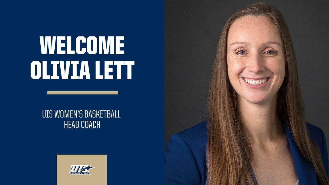 Olivia Lett's Headshot. The text: Welcome Olivia Lett. UIS women's basketball. Head Coach.
