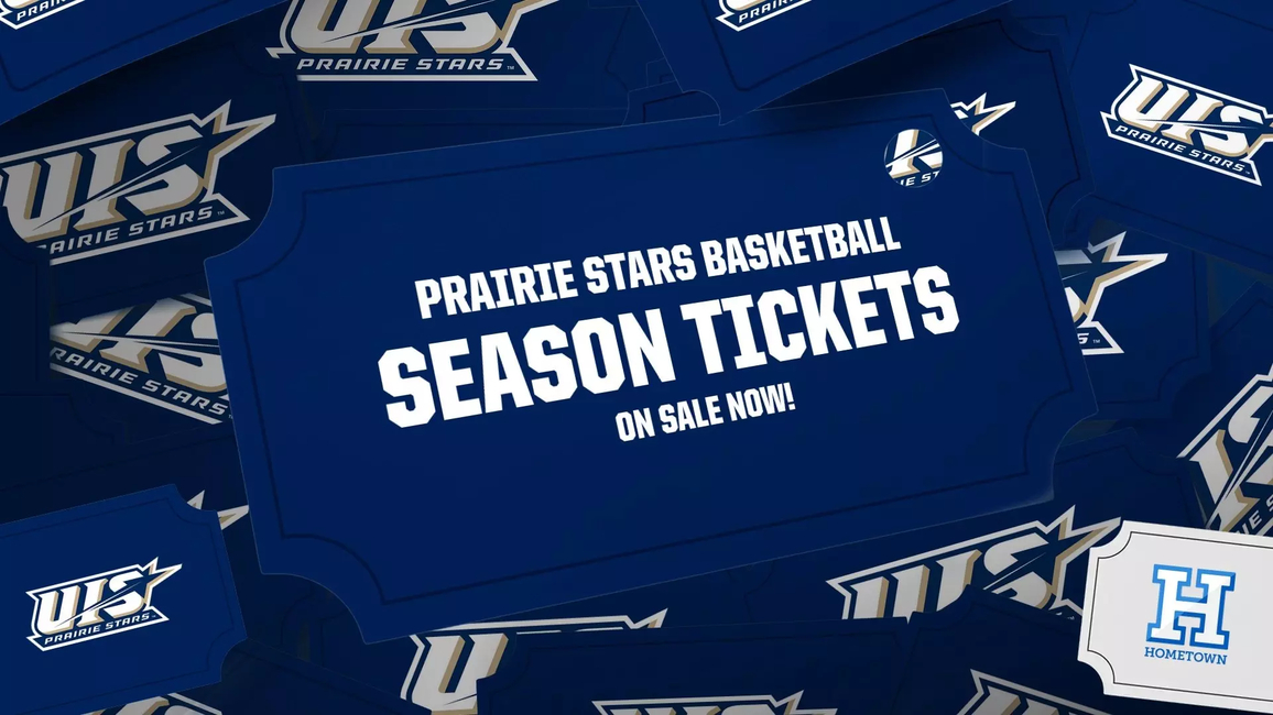 Prairie Stars Basketball Season Tickets on Sale Now - Background of UIS logo on tickets. HomeTown Ticketing logo