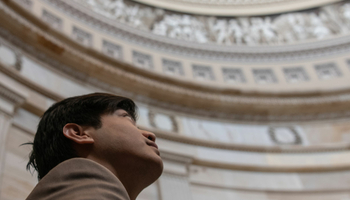 a person looking up into the dome of the Illinois Capitol Building