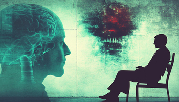 a silhouette of a therapist sitting in front of a large projection of the human mind