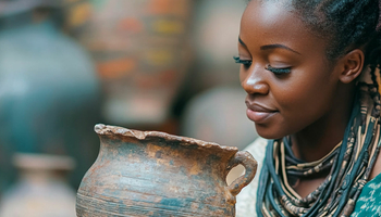 a sociology student looking at a piece of pottery