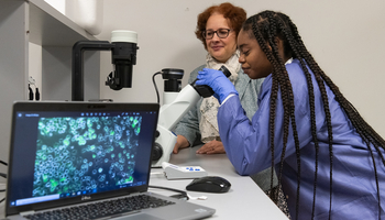 Student and professor examining cell samples under a microscope with data displayed on a nearby laptop.