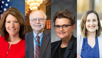 A horizontal collage of four headshots, featuring recipients of alumni awards