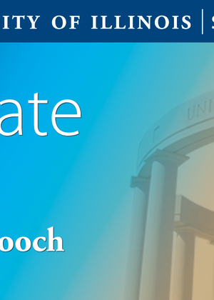 Blue and yellow overlay of the colonnade with the words UIS Update, A message to faculty and staff from Chancellor Gooch