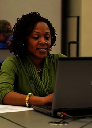 woman working on laptop