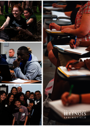 4 different pictures. Picture 1: a man studying. Picture 2: Two girls having fun playing tug-o-war. Picture 3: A family photo. Picture 4: students writing.