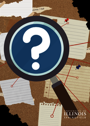 A graphic of a magnifying glass is a question mark inside. The background is a corkboard with red lines and notes.