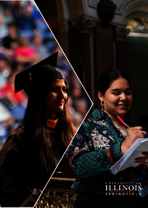 Two images, one of a student graduating and a student working.