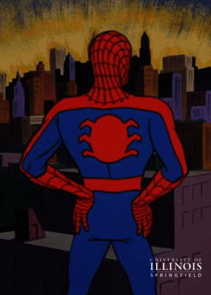 A cartoon of Spiderman looking out onto the city.