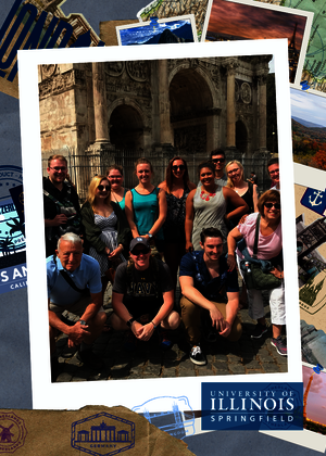 A scrapbook page of a group of students posing for a picture in a foreign country.