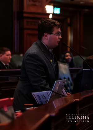 A student public speaking.