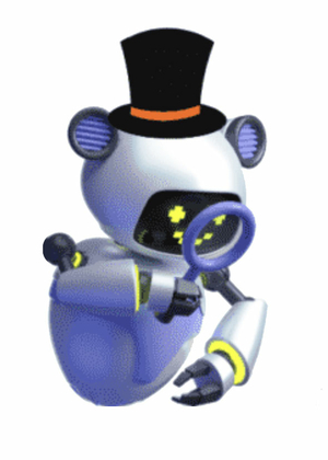 cartoon robot with a top hat and a magnifying glass