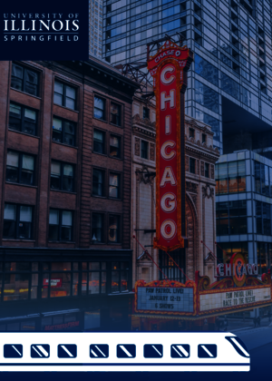 Chicago theatre with a graphic of a train.