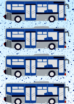 The image depicts a pattern of four identical blue and gray buses on a light blue background with dark blue splatters.